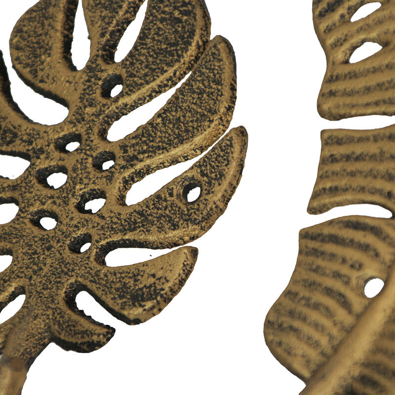 Zeckos Tropical Leaf Metal Wall Art - Set of 3 Decorative Wall Hooks, Gold Finish - Charming 6.25" Leaves - Functional Wall Art Storage Solution for Keys, Coats, Towels image number 2