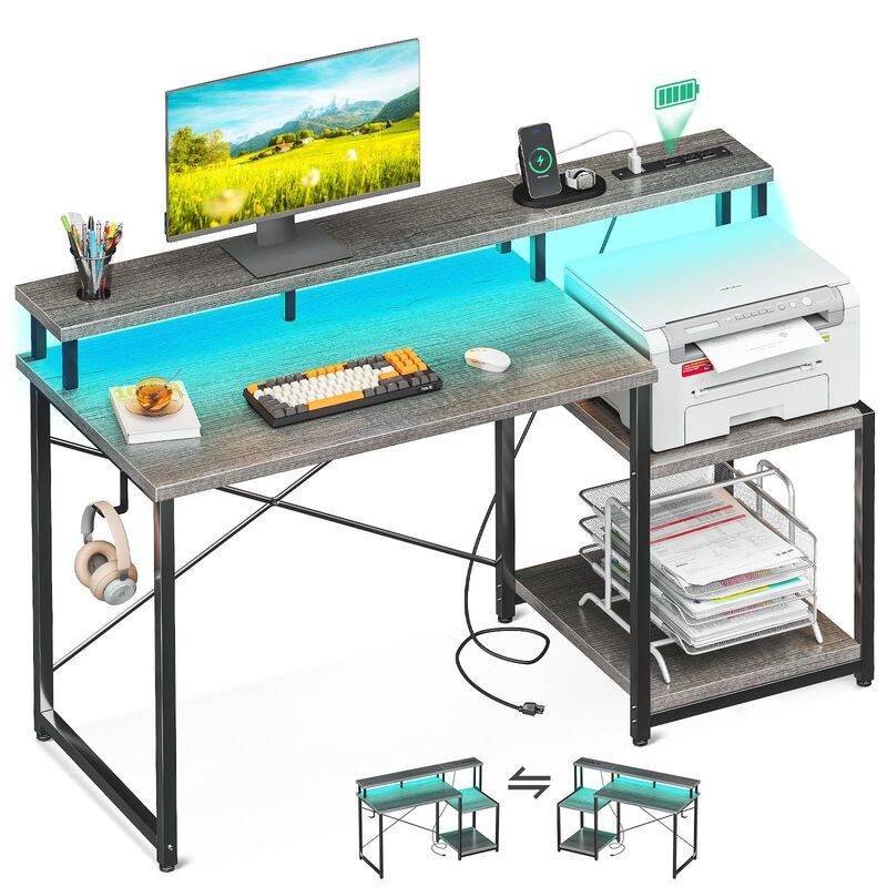 AODK Computer Desk, 48 Inch Gaming Desk with Led Lights & Power Outlet, Office Desk with Printer Storage Shelves, Reversible Des