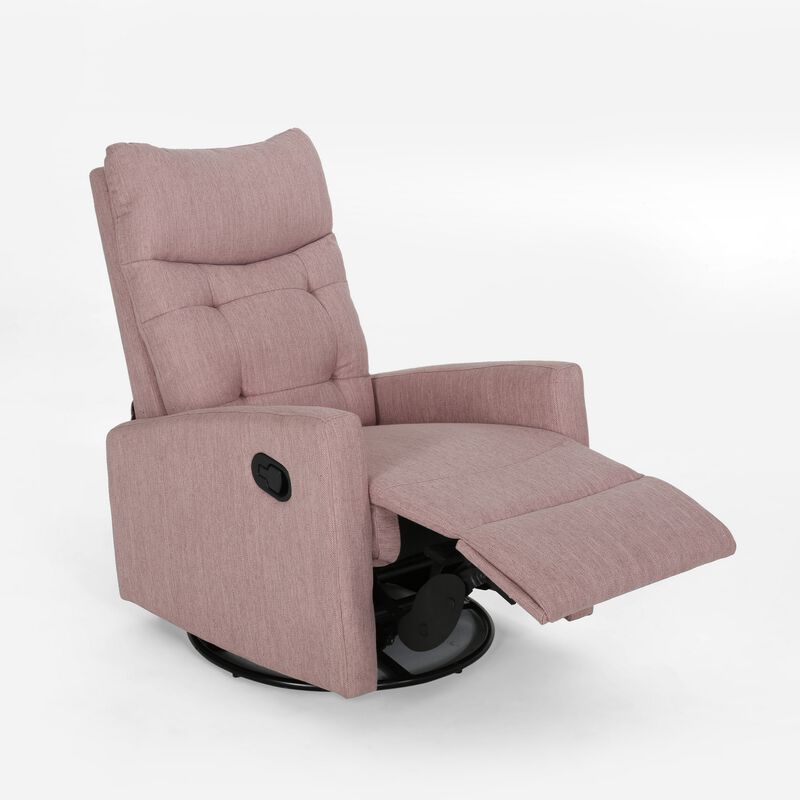 Push Back Glider Recliner Chair with Swivel, Blush Pink Tufted Fabric - Benzara