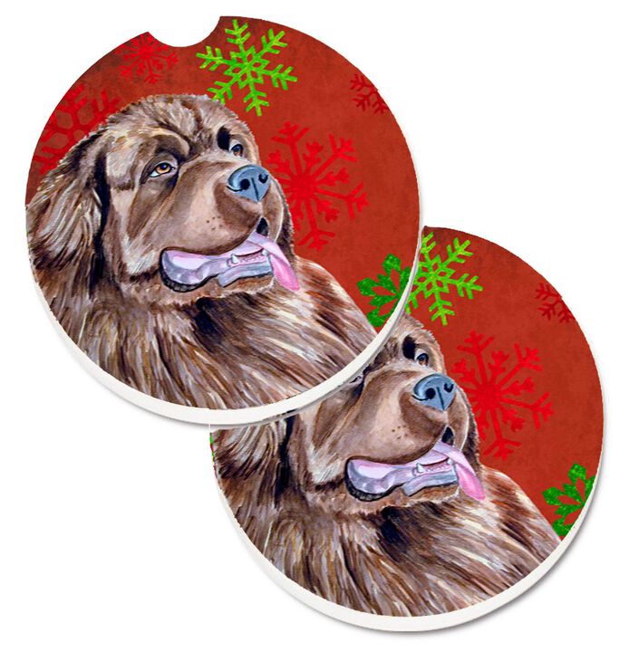 Caroline's Treasures Newfoundland Red & green Snowflakes Holiday Christmas Set of 2 Cup Holder Car Coasters LH9309CARC, 2.56, Multicolor