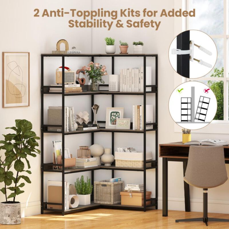 Hivvago Corner Bookshelf 5-Tier L-Shaped Bookcase Etagere Bookshelf with Metal Frame