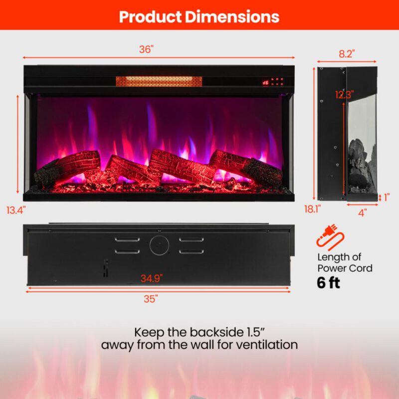 Hivvago 36 Inch 3-Sided 1500W Electric Fireplace with 7-Color Flame