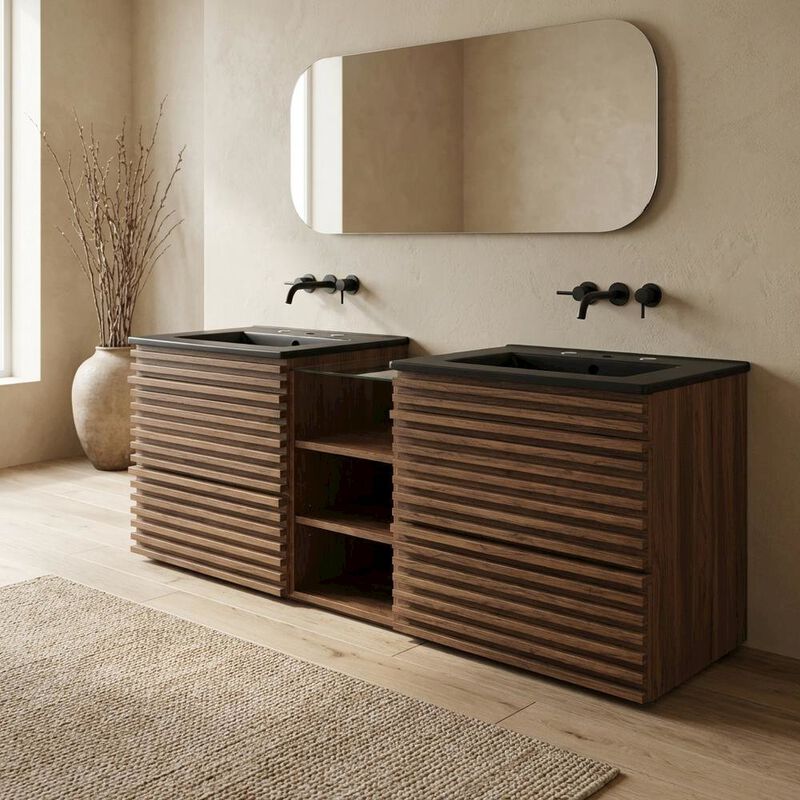 Walnut White 62-Inch Wall-Mount Double Sink Bathroom Vanity image number 3