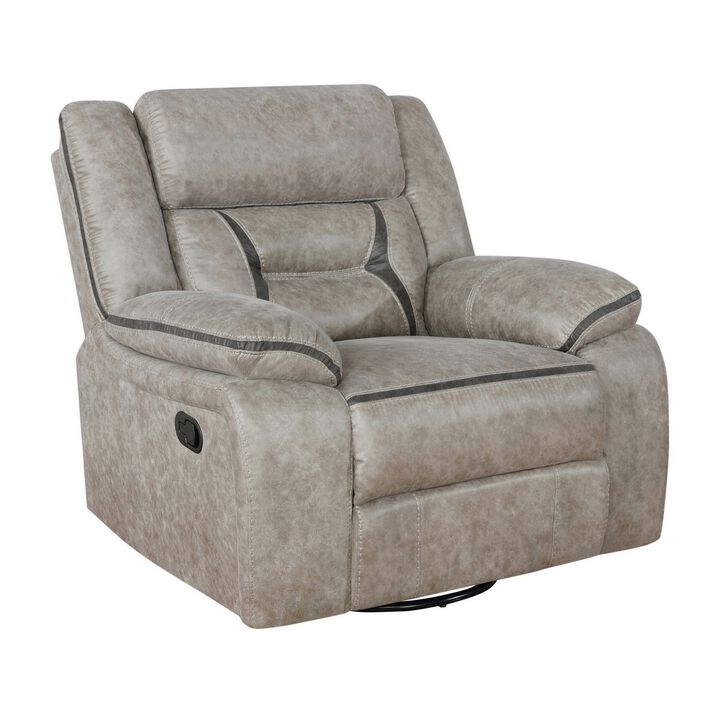 Jake 41 Inch Gliding Manual Recliner, Pillowtop, Taupe Brown Faux Leather-Benzara