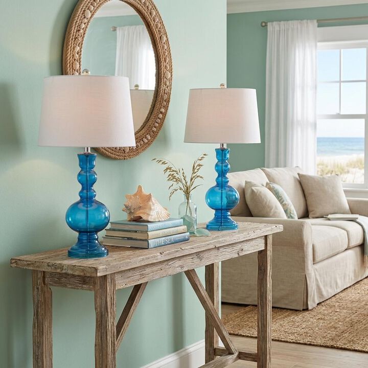 HomeRoots Set of Two 29" Blue Curved Body Glass Table Lamps With Drum Shades