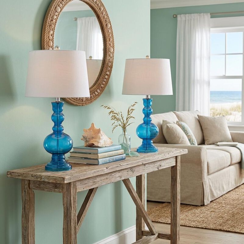 HomeRoots Set of Two 29" Blue Curved Body Glass Table Lamps With Drum Shades image number 1