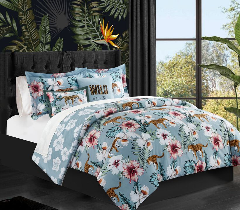 Chic Home Myrina 5 Piece Reversible Comforter Set Tropical Floral Leopard Print Bedding - Decorative Pillows Shams Included - King 106x92", Blue