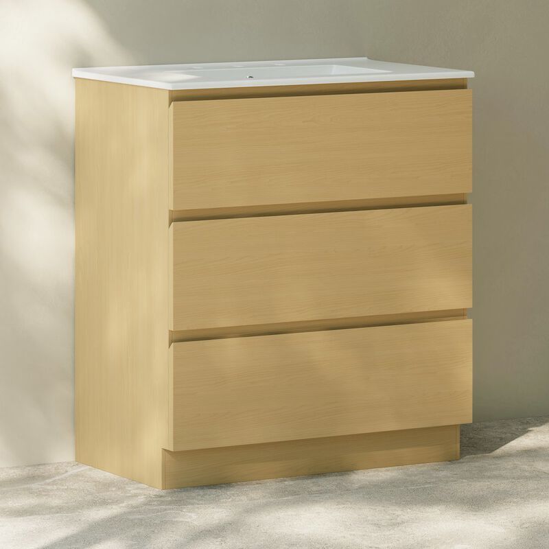 30" Freestanding Bathroom Vanity in Natural Oak with 3-Hole Widespread Sink Top image number 2