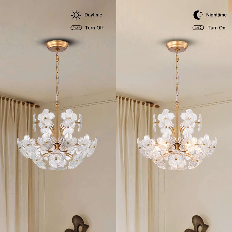 Fabiola Modern 6-Light 17.7" Glam Clear Glass Flower Chandelier-Glossy Brass image number 4