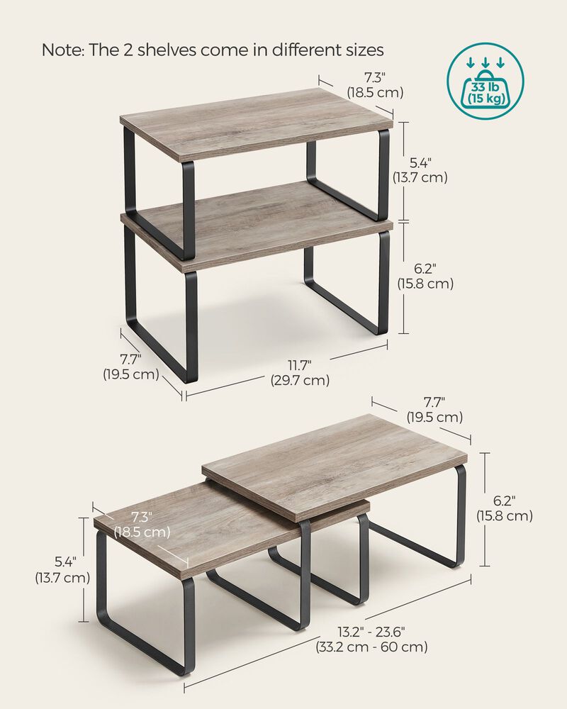 Expandable and Stackable Cabinet Shelf Organizer &ndash; Metal and Bamboo Kitchen Counter Shelves, Set of 2