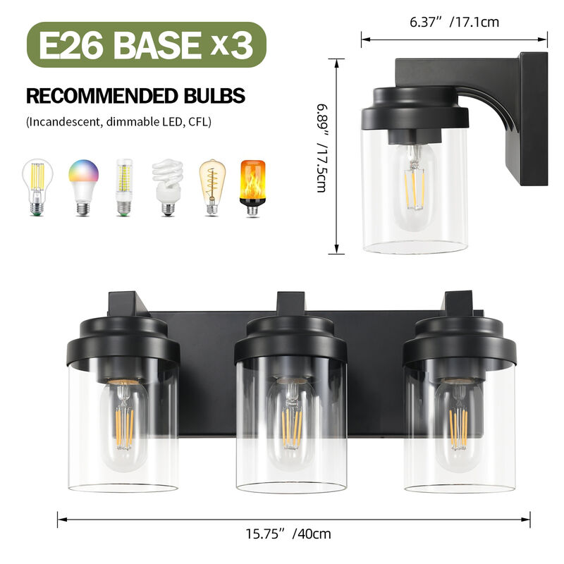 15.7 in. 3-Light Matte Black Wall Sconce with Clear Glass Shade image number 4