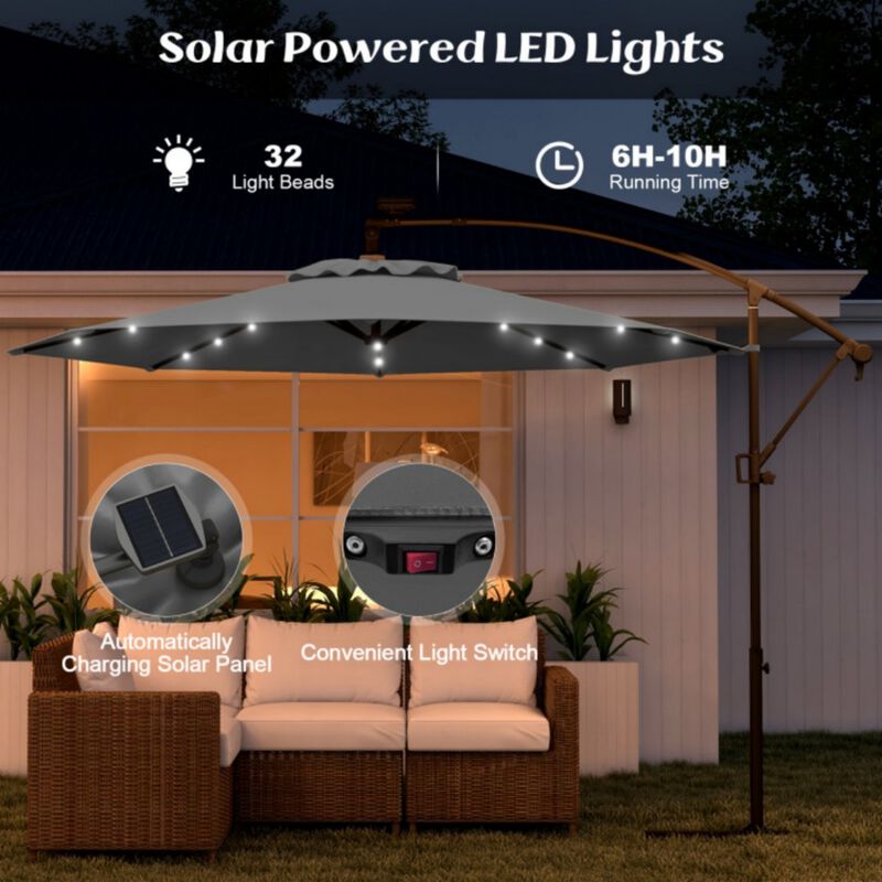 10 Feet 360&deg; Rotation Solar Powered LED Patio Offset Umbrella without Weight Base-Gray image number 6