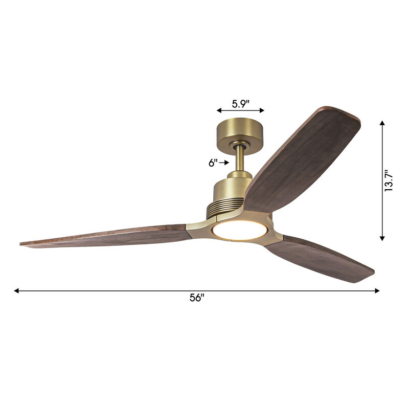 56 in. Soft Brass Dimmable Solid Wood Blades Ceiling Fan with LED Light and Remote