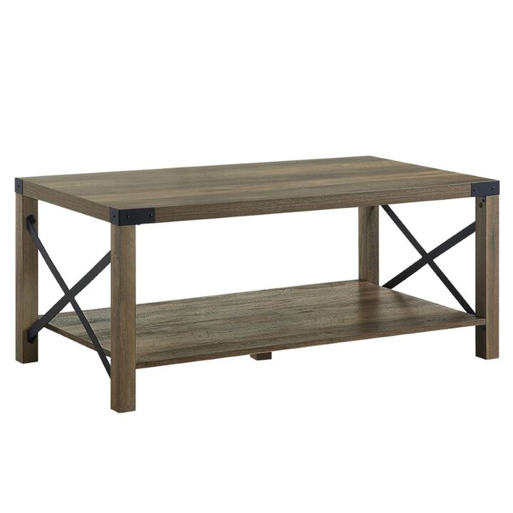 Eli 47 Inch Wood Coffee Table, Metal Brackets, Cross Bars, Rustic Oak Brown-Benzara