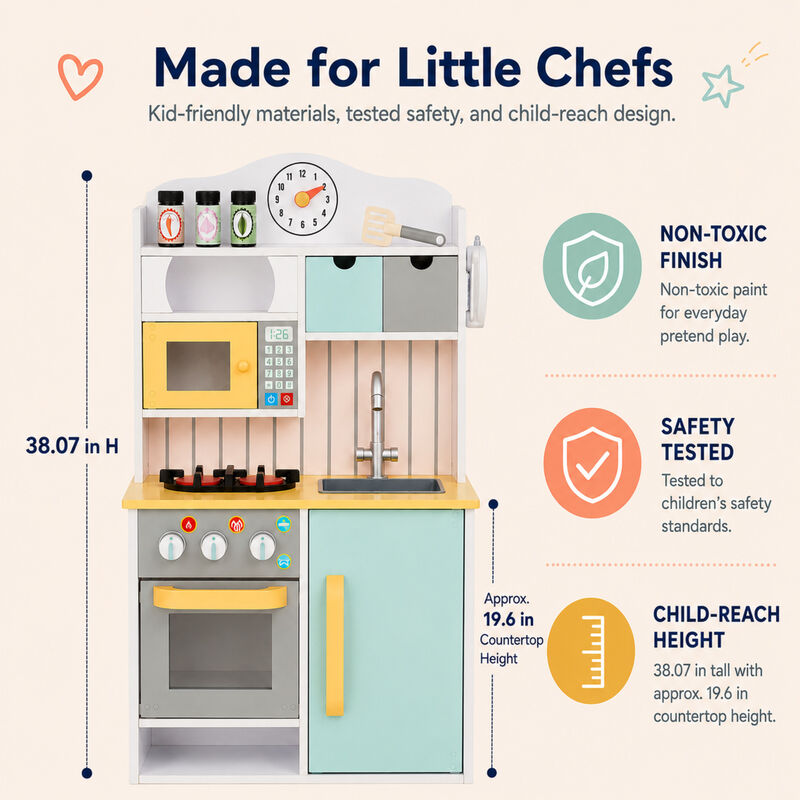 Teamson Kids Little Chef Florence Compact Wooden Play Kitchen with Oven, Microwave, Sink, Half Fridge, Clicking Knobs, Storage, 5 Accessories, Pretend Play Set image number 3