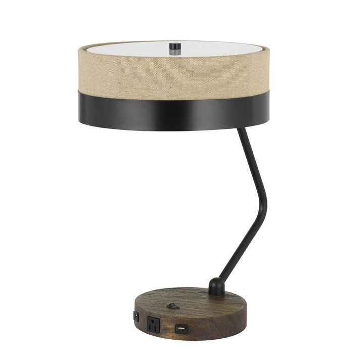Metal Lined Fabric Shade Desk Lamp with Wooden Base, Beige and Black - Benzara
