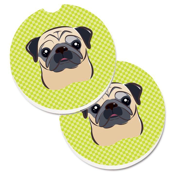 Caroline's Treasures Checkerboard Lime green Fawn Pug Set of 2 Cup Holder Car Coasters BB1324CARC, 2.56, Multicolor