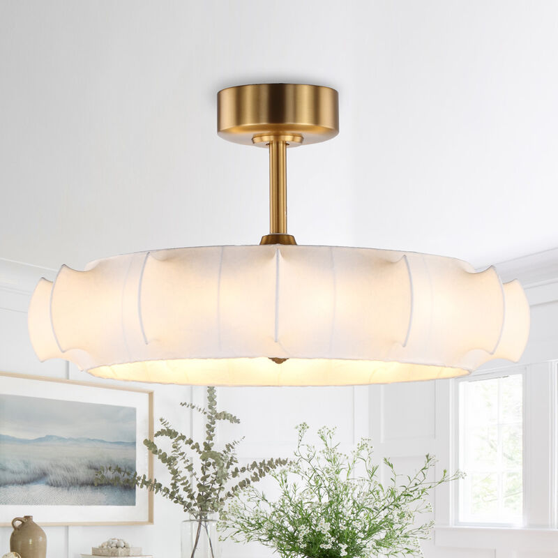 29.6 in. Brass Caged Clouds Ceiling Fan with Imitation Silk Shade and Light and Remote