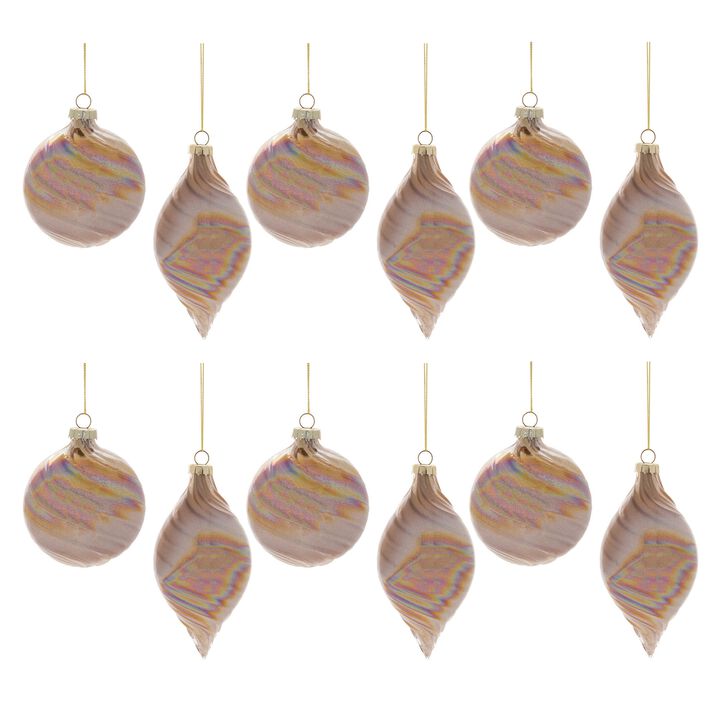 Iridescent Swirl Glass Baubles (Set of 12) – Decorative Holiday Ornaments for Christmas Trees and Winter Displays