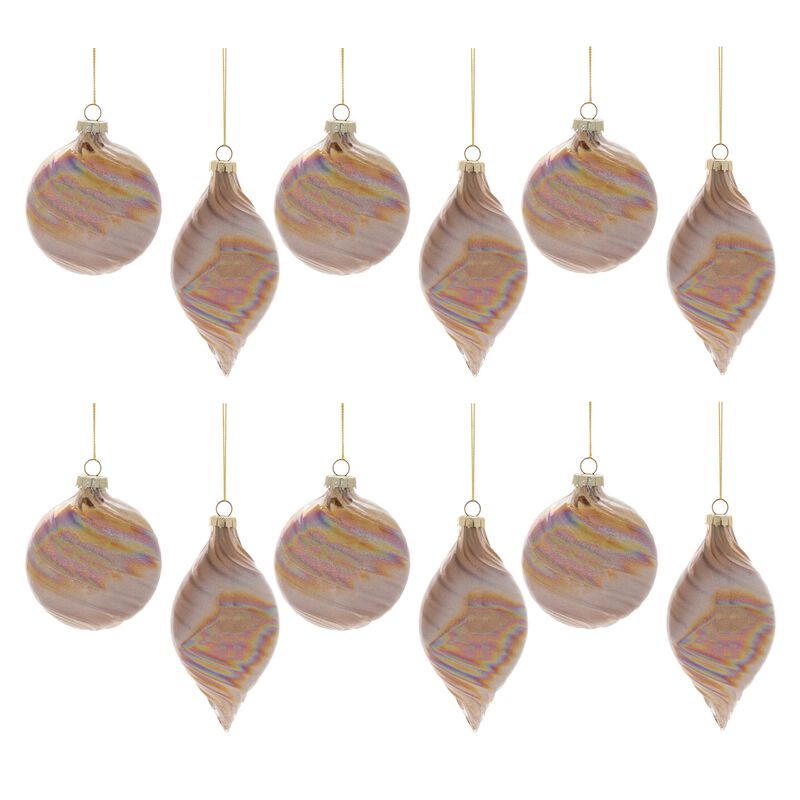 Iridescent Swirl Glass Baubles (Set of 12) – Decorative Holiday Ornaments for Christmas Trees and Winter Displays