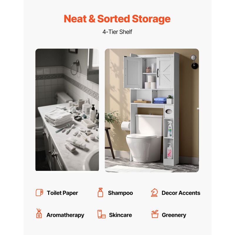 Bathroom Over Toilet Storage Organizer with Cabinet, Open Shelf and Adjustable Shelf-White image number 7