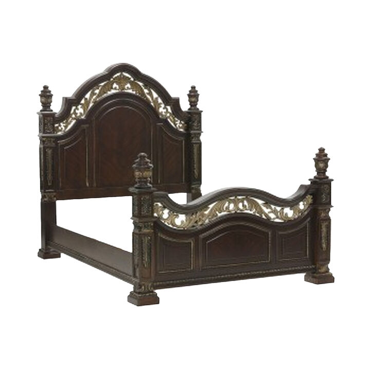 Lumi Four Pc Queen Bedroom Set, Gold Scrollwork, Acanthus Leaf Carving, Cherry Brown - Benzara