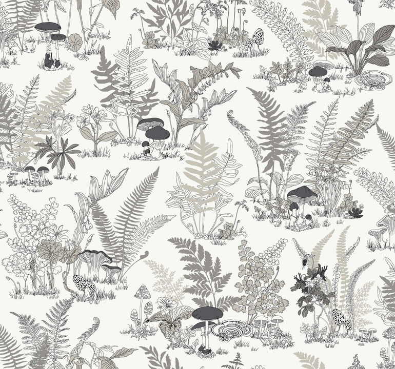 Mushroom Garden Toile Black & Grey Wallpaper