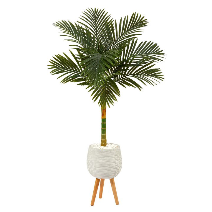 Nearly Natural 5-ft Golden Cane Palm Tree in White Planter with Stand