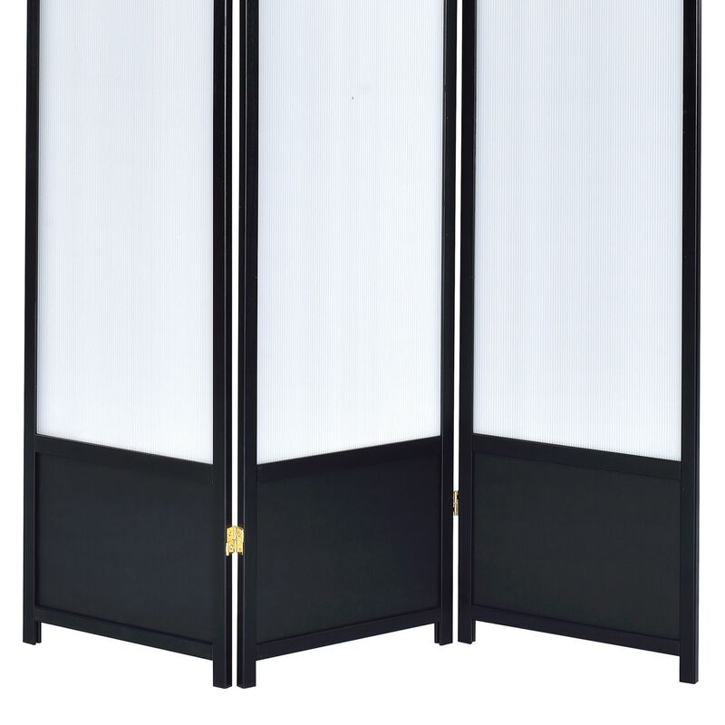 Three Panel Folding Screen with Translucent Inserts, Black - Benzara
