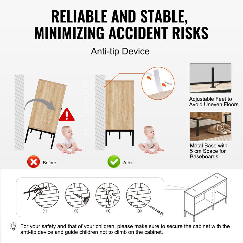 Rattan Sideboard Cabinet with 4 Doors Adjustable Shelves for Hallway Living Room
