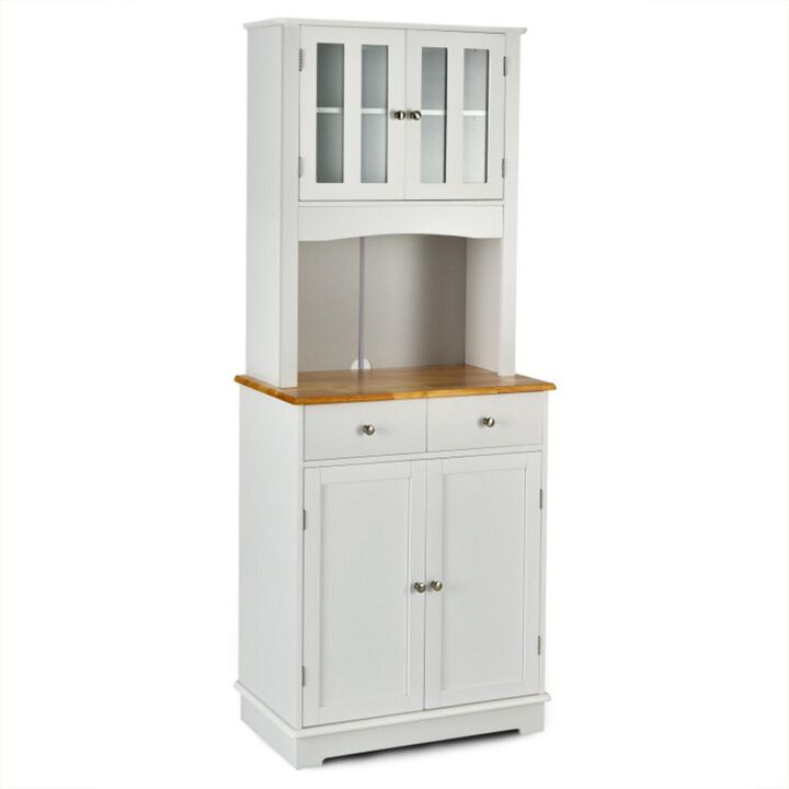 Hivvago Kitchen Pantry Cabinet with Wood Top and Hutch-White