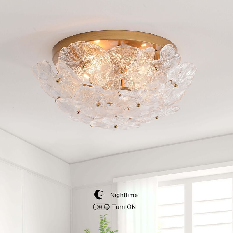 Estrella 4-Light Brushed Brass Flower Crystal Glass Flush Mount image number 6