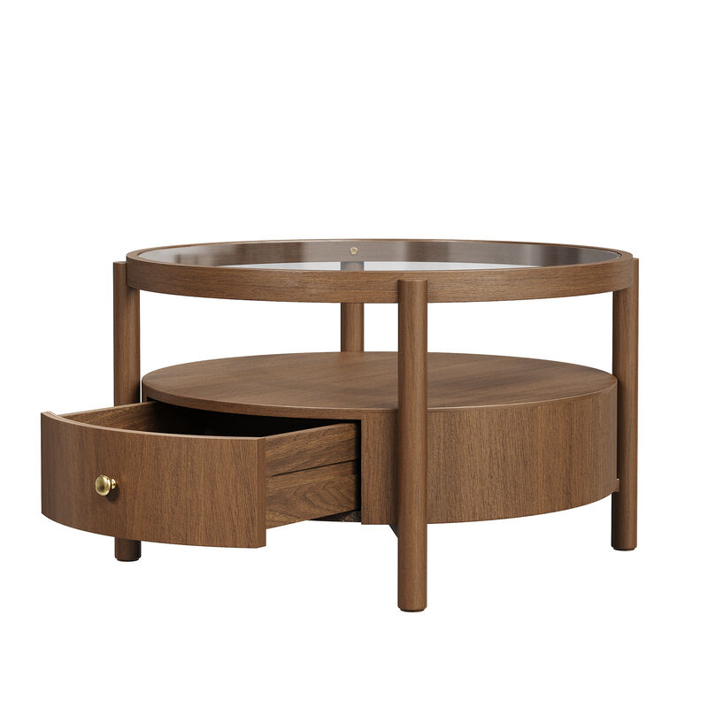 Whisen 29.5" Round Glass Top Coffee Table, Solid Wood 2-Tier Coffee Table with Drawer, Mid-Century Modern Center Table for Living Room image number 5