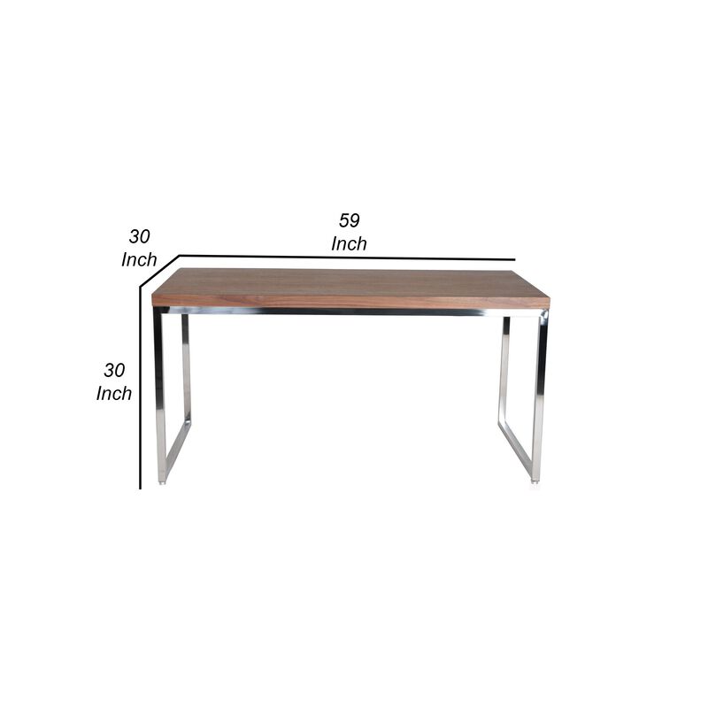 Rami 59 Inch Office Desk, Rectangular Top, Walnut Brown Wood, Steel Frame - Benzara