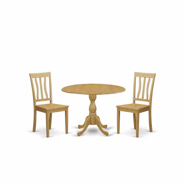East West Furniture DMAN3-OAK-W 3 Pc Dining Room Set Set - Dropleaf Dinner Table and 2 Oak Wooden Chairs for Dining Room with Slatted Back- Oak Finish
