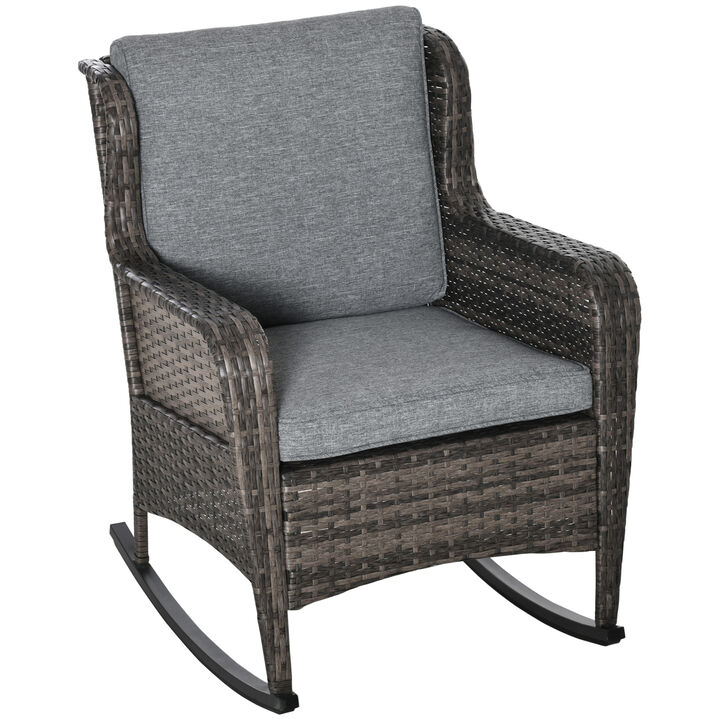 Outsunny Outdoor Wicker Rocking Chair w/Wide Seat, Thickened Cushion, Rattan Rocker with Steel Frame, High Weight Capacity for Patio, Garden, Backyard, Mixed Grey