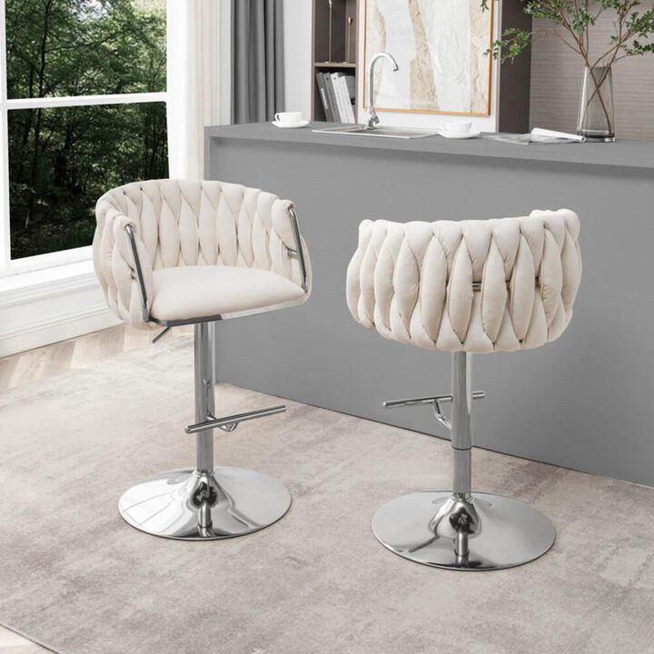 Best Quality Furniture Velvet Upholstered barstool in Cream with Silver color base (SET OF 2)