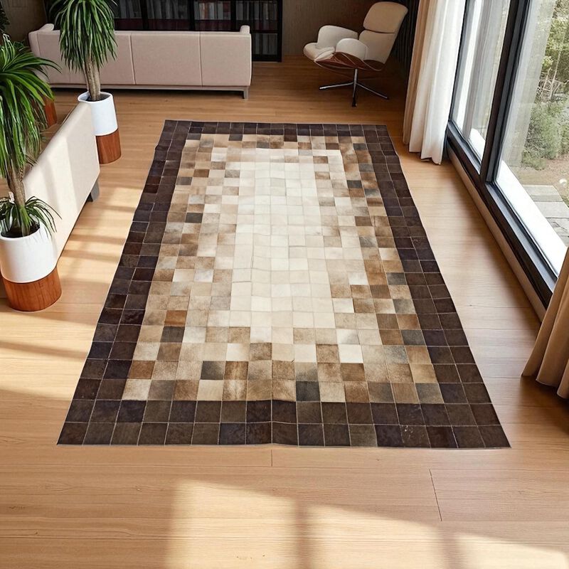 Ombre Cowhide Rug, Brown and Beige Leather Patchwork Carpet, Modern Handmade Leather Rug, Custom Size Available image number 1