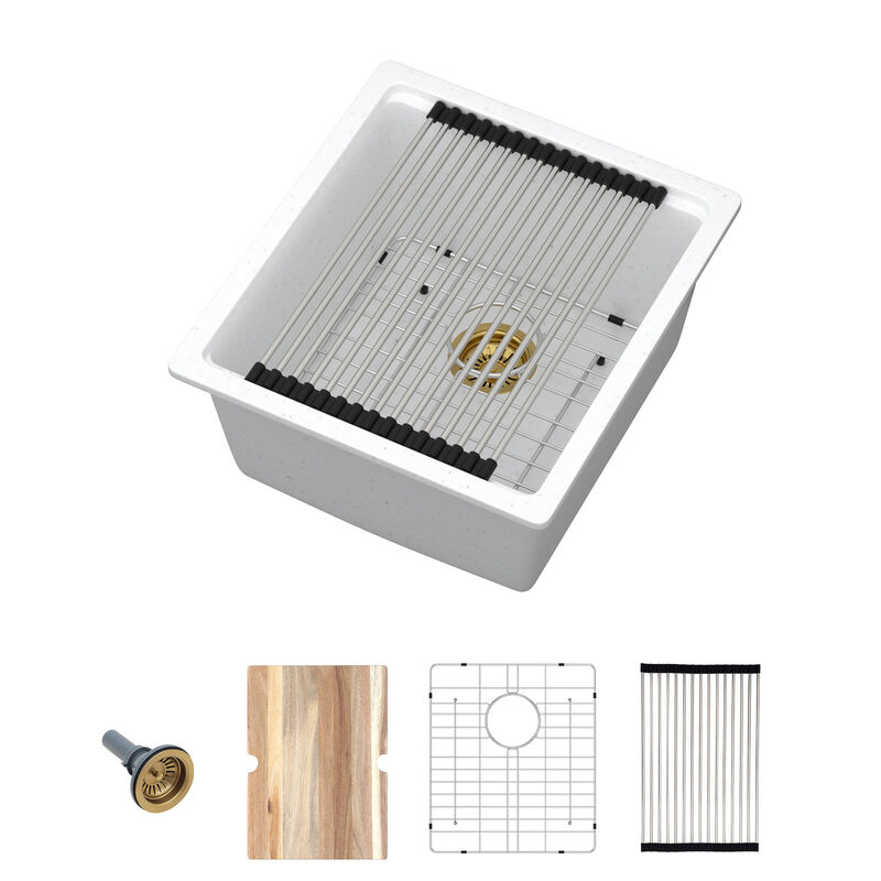 17 in. Undermount Single Bowl Workstation White Quartz Composite Kitchen Sink Round Corner with Bottom Grid. image number 0