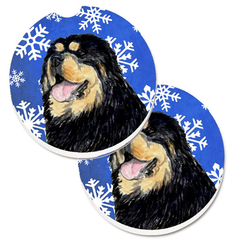 Caroline's Treasures Tibetan Mastiff Winter Snowflakes Holiday Set of 2 Cup Holder Car Coasters SS4650CARC, 2.56, Multicolor image number 0