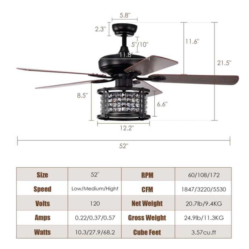 Hivvago 52 Inch 3-Speed Crystal Ceiling Fan Light with Remote Control-Black