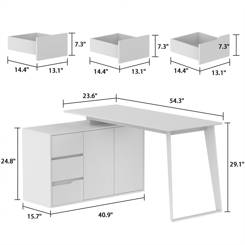 54.3 in. Reversible L-Shaped Brown Wood Writing Desk Office Workstation With Adjustable Shelves, Drawers, Doors Cabinet