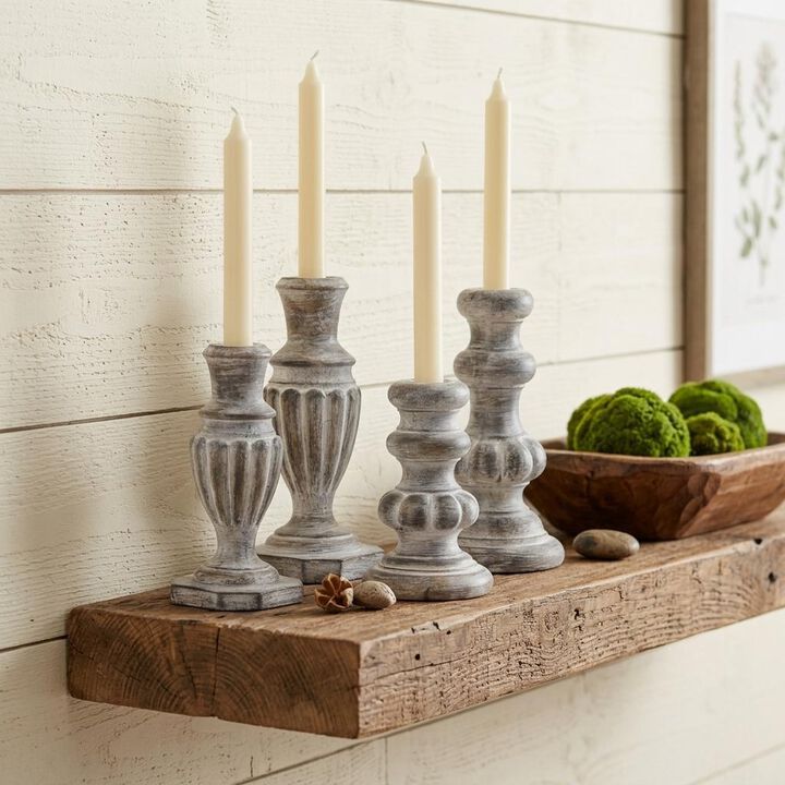 HomeRoots Set of Four White Washed Resin Tabletop Candle Sticks