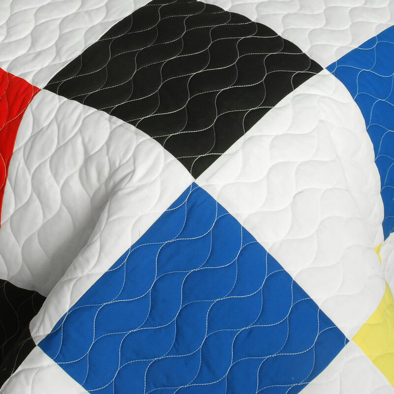 Queen Size 3-Piece Vermicelli Quilted Patchwork Plaid Quilt Set with Shams image number 2