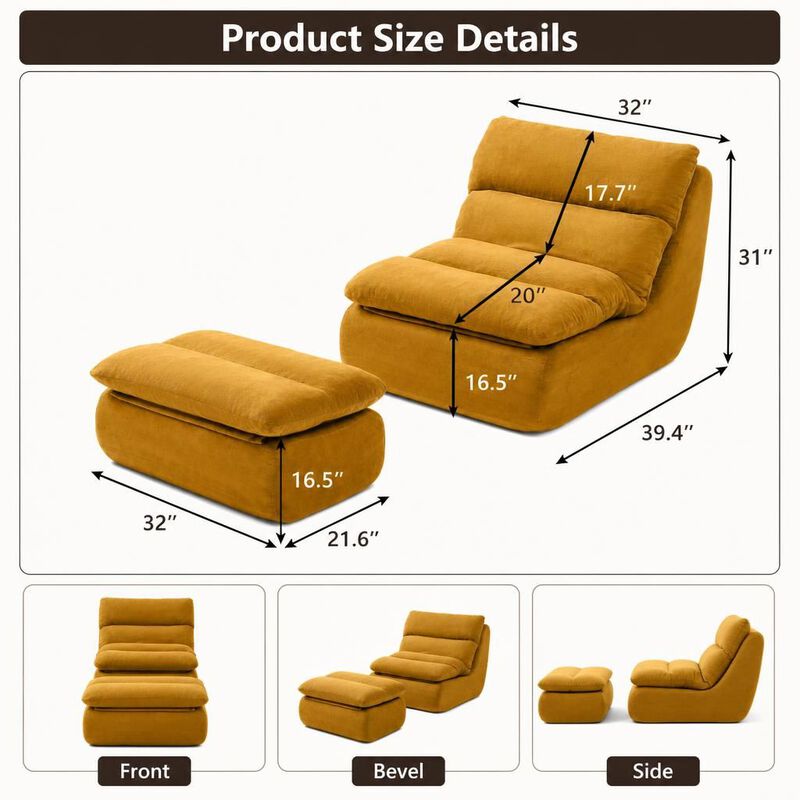 GOODSILO Tufted Upholstered Large Chaise Lounge Bean Bag Chair With Matching Ottoman Comfortable Lazy Sofa For Living Room Bedroom Reading Napping image number 1