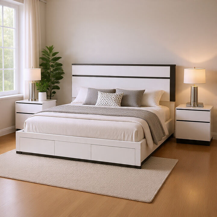 Queen Bedroom Set, White, Metallic Gray Wood, 3 Piece Set with 2 Nightstands
