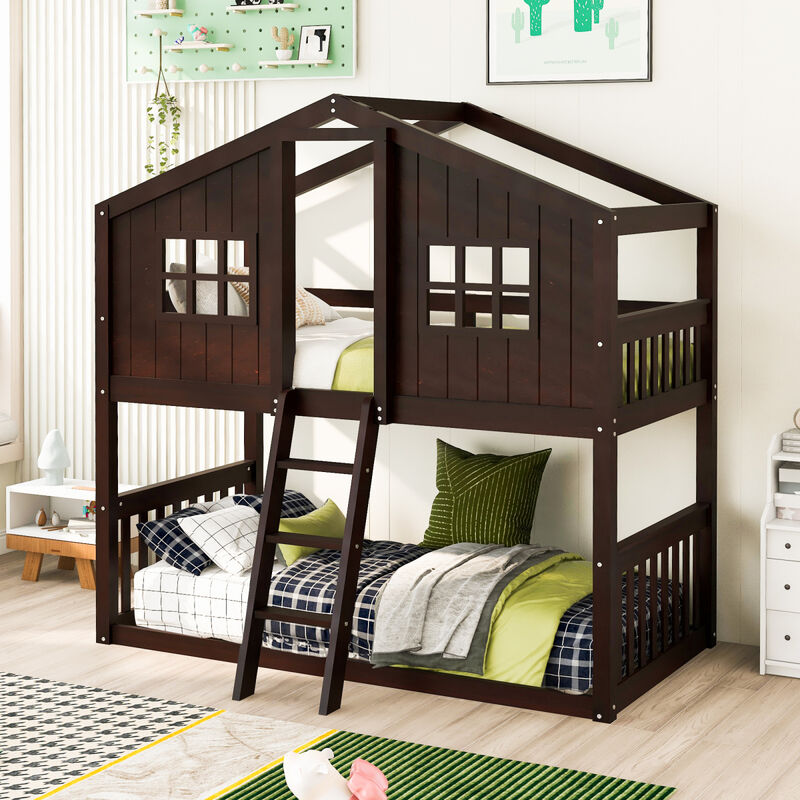 Twin Over Twin House Bunk Bed With Ladder, Wood Bed-Gray