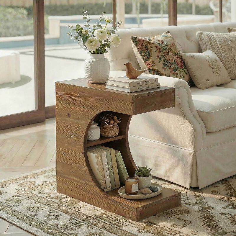 Modern C-Shaped Solid Wood Side Table with 2-Tier Storage, Nightstand image number 1