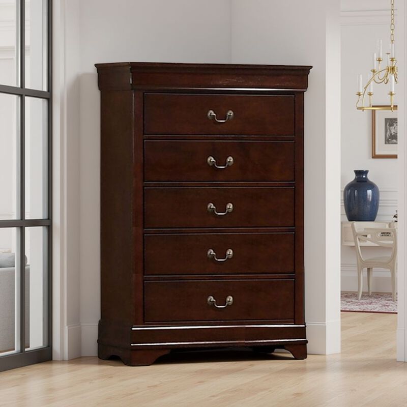 Ryla Tall Dresser Chest, 5 Drawers, Metal Handles, Cherry Brown Solid Wood - Benzara