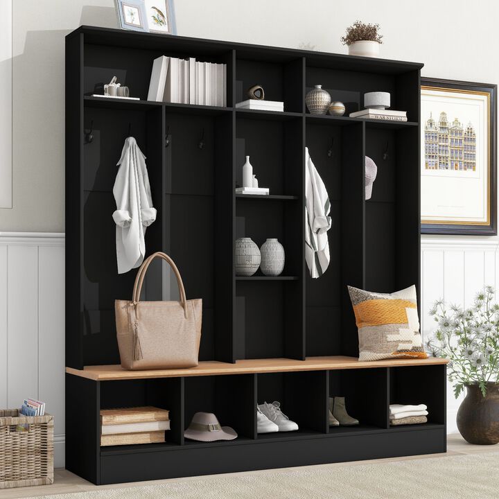 Clihome Wide Design Hall Tree with Storage Bench with 8 Hooks for Entryway